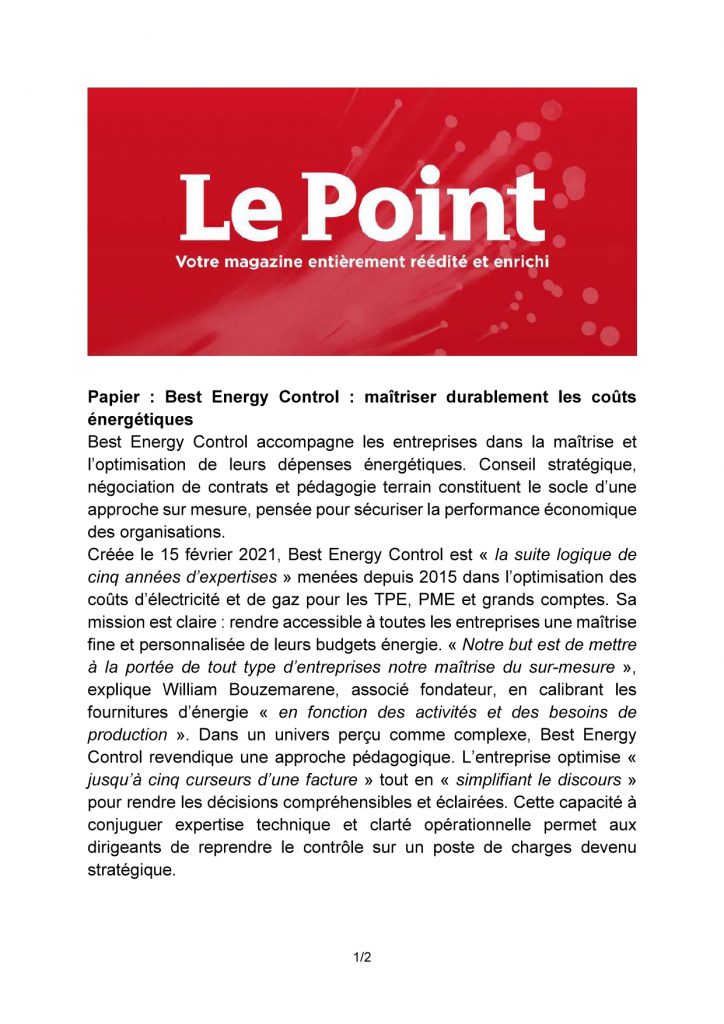 Rédactionnel Le Point - Best Energy Control maîtriser les coûts énergétiques